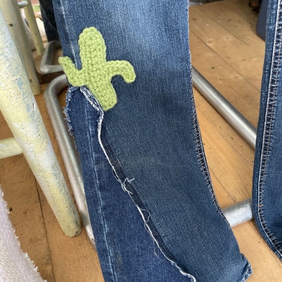 Upcycled bell bottom jeans & hand crocheted tube top. Cacti’s can be removed - Picture 3 of 8